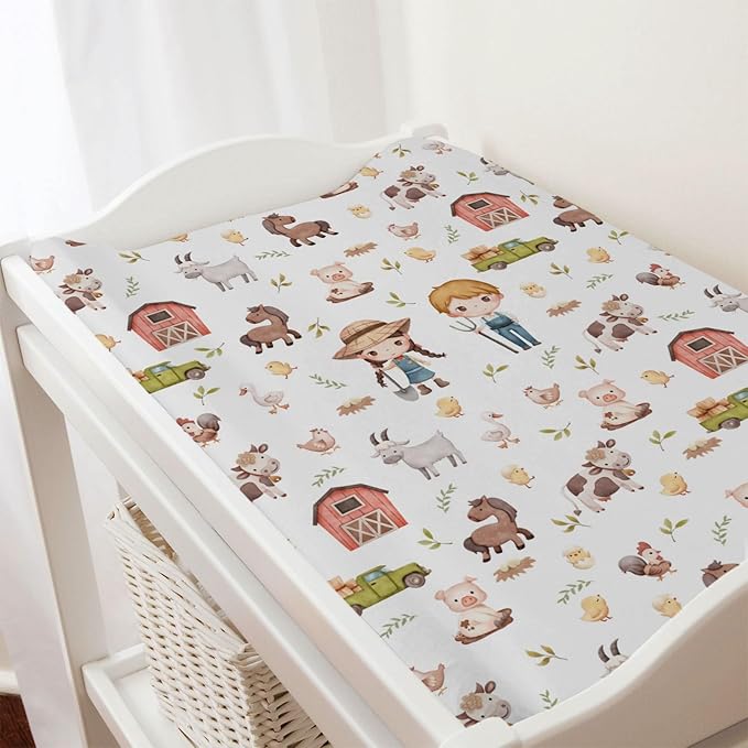Baby Farm Life Changing Pad Cover for Boy Girl 32''x16'' Farm Animals Pig Goat Horse Cow Chick Rooster Duck Leaves Barn Truck Fitted Changing Pad Sheets Soft Breathable Diaper Change Table Mats