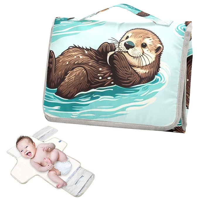 Sea Otters Portable Diaper Changing Pad - Waterproof Foldable Baby Diaper Changing Pad with Built-in Pillow, Travel Diaper Changing Mat for Newborn Baby