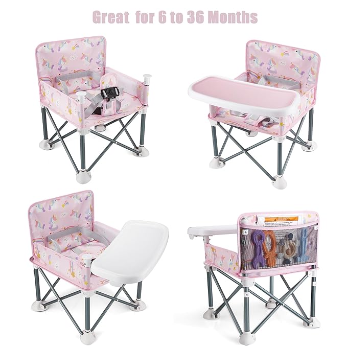 PandaEar Portable Baby Booster Seat | Compact Fold with Safety Straps & Feeding Tray for Indoor/Outdoor Use | Great for Travel, Camping, Beach, Lawn | Toddlers, Kids, Boys, Girls (Pink Unicorn)