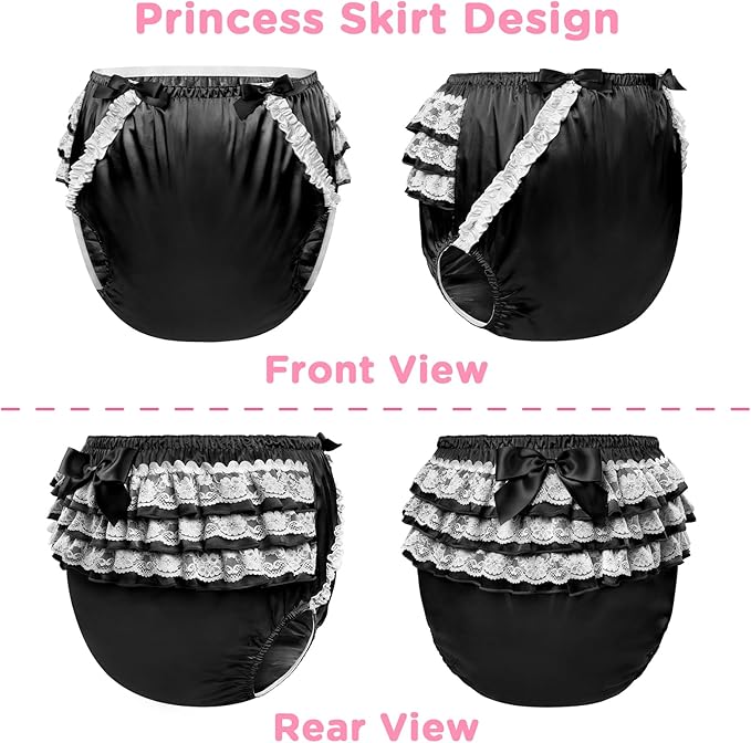 Littleforbig Washable Reusable Waterproof Ruffled Lace Bow Pretty in Black Satin Over Adult Diaper Cover XL