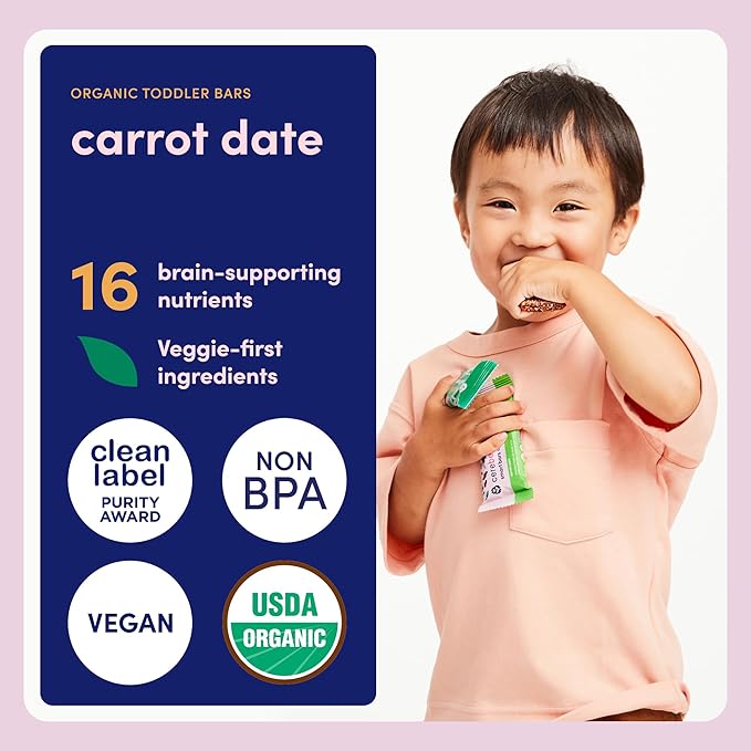Cerebelly Organic Toddler Smart Bars 40-Count, Carrot Date Smart Bars, 16 Brain-Supporting Nutrients, No Added Sugar, Gluten Free, Nut Free, Kids Snacks