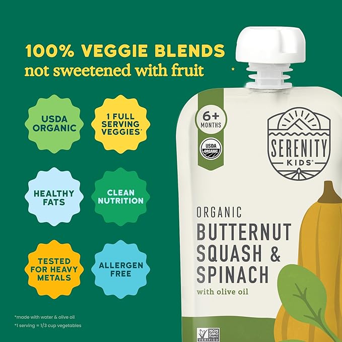 Serenity Kids 6+ Months Veggie Puree Baby Food Pouches - Butternut Squash & Spinach - USDA Organic Baby Snacks - No Added Sugar Snack Pouch - Healthy Toddler Treats - 3.5 Oz Pack of 12