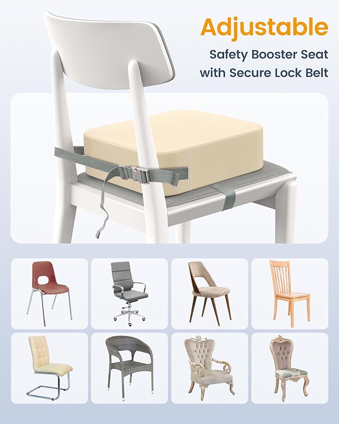 Toddler Booster Seat for Dining Table and Kitchen Chair – Adjustable Safety Straps, PU Leather, Non-Slip, Easy to Clean, Portable Travel Foam Booster Cushion for Kids & Toddlers (Light Yellow)