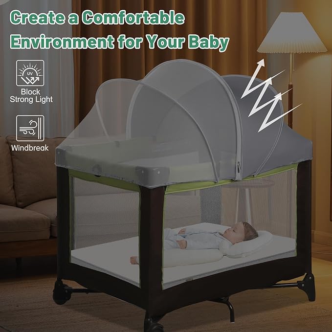Pack N Play Tent Cover & Bassinet Canopy - Half-Blackout Breathable Mosquito Net with 2-Way Zipper for Bassinet, Travel Crib, Mini Crib & Playpen to Keep Cats Out (Gray-Large)