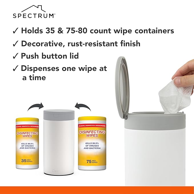 Spectrum Disinfecting Wipes Container Large White Refillable Stainless Steel Wipe Holder for Bathroom Kitchen, Classroom, Reuseable Push Button Wet Wipe Dispenser for Disinfect Cleaning Countertop