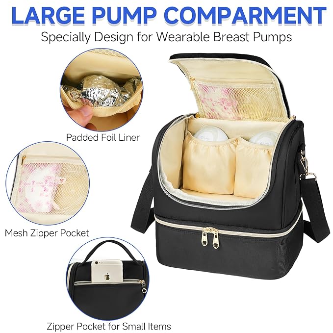 Wearable Breast Pump Bag with Cooler Compartment Fits for Willow/Eufy/Elvie/Momcozy M5/S12 Pro/Medela, Breast Milk Travel Tote Bag with Ice Pack & Waterproof Mat,Black