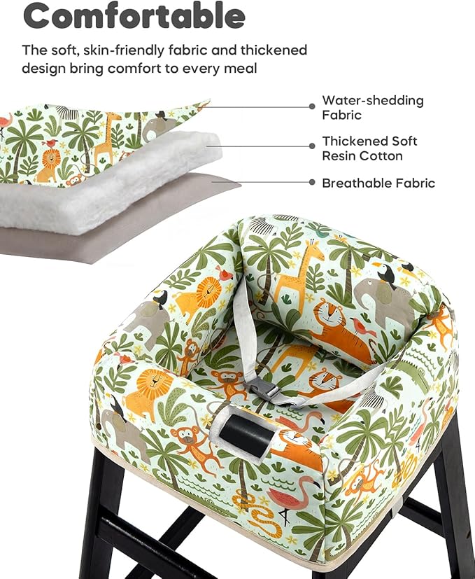 Mamatepe Baby High Chair Cover Restaurant with Strap Pads & 2-Point Harness - Machine Washable, Waterproof, Portable for Restaurant/Travel/Home - Fits Wooden High Chairs, Green Forest