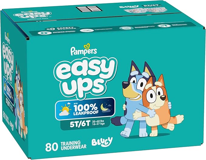 Easy Ups Girls & Boys Potty Training Pants, Size 5T-6T, 80 Count, Bluey Absorbent Training Underwear, Up to 100% Leakproof Day and Night, Hypoallergenic (Packaging May Vary)