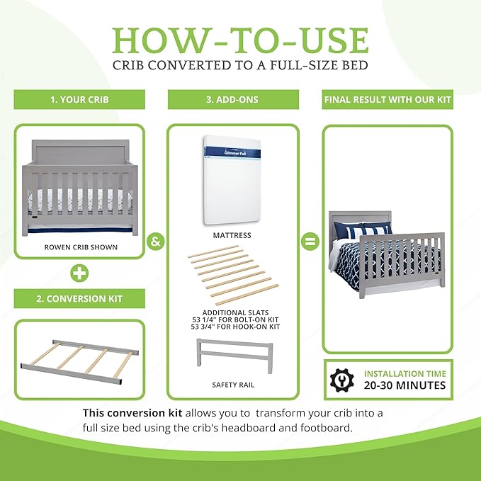 Full-Size Conversion Kit Bed Rails Compatible with Simmons Kids Convertible Cribs by Delta Children - Solid Wood Rail - Toddler and Adult Bed Rail for Full-Size - Nursery Furniture (Grey, BOLT-ON KIT)