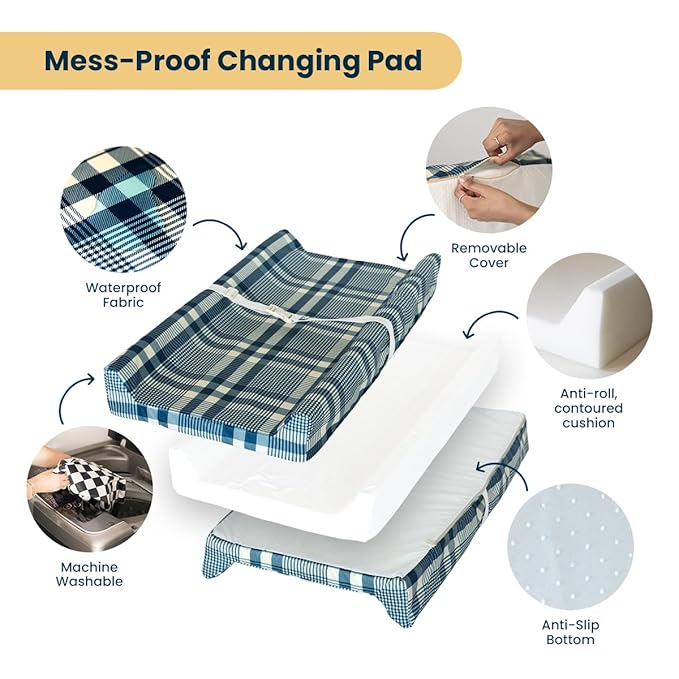 Tiny Twinkle Portable Diaper Changing Pad with Safety Strap，16" x 31" Diaper Changing Mat for Nursery/Dresser/Travel, Waterproof & Soft Infant Changing Station(Gingham)