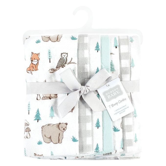 Hudson Baby Unisex Baby Cotton Flannel Burp Cloths, Neutral Woodland Pals 7-Pack, One Size