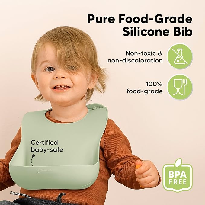 KeaBabies 2-Pack Silicone Bibs for Babies, Toddlers Girl, Boy – Sturdy Food-Grade Baby Bibs for Eating, Large Food Catcher, Clean & Put On Easily, Waterproof Toddler Feeding Essentials (Forest)