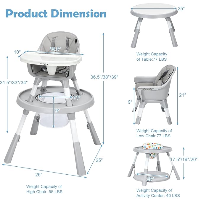 BABY JOY 7 in 1 Baby High Chair, Convertible High Chairs for Babies and Toddlers, Building Block Table, Toddler Chair with Adjustable Legs, Removable Tray, Storage Basket, Safety Harness (Gray)