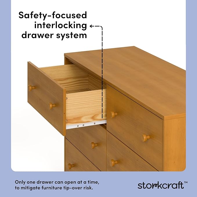 Storkcraft Texas 6 Drawer Dresser (Almond) – GREENGUARD Gold Certified Baby Dresser, Interlocking Drawer System for Nursery & Kids’ Bedroom, Brown Chest for Kids Bedroom, Nursery Storage