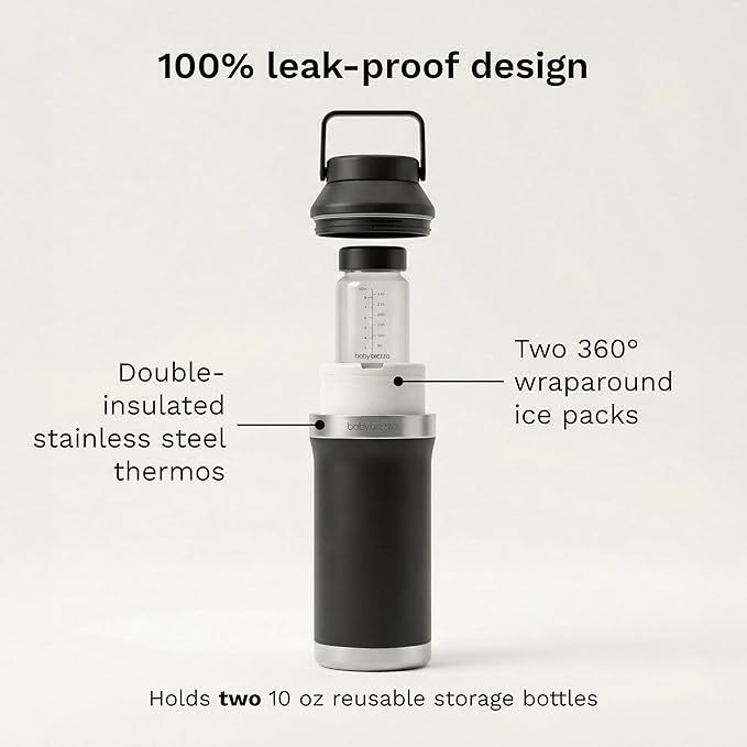 Baby Brezza All Day Portable Breastmilk Cooler, Large 20z Capacity, Insulated Travel Bottle Includes 2 Ice Packs + 2 Bottles, Black