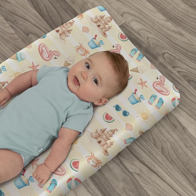 Summer Beach Seaside Changing Pad Covers for Baby Girls Boys Ice Cream Sand Flamingo Sun Fitted Change Table Pad Covers Mats Boho Travel Vacation Soft Diaper Changing Pad Sheets 32''×16''