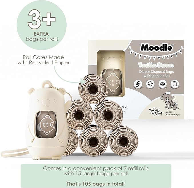 Moodie Disposable Diaper Bags Dispenser COMBO PACK | 105 VANILLA SCENTED Baby Poop Bags TOTAL | Dirty Diaper Trash Bags | Diaper Bags Disposable (VANILLA DREAM)