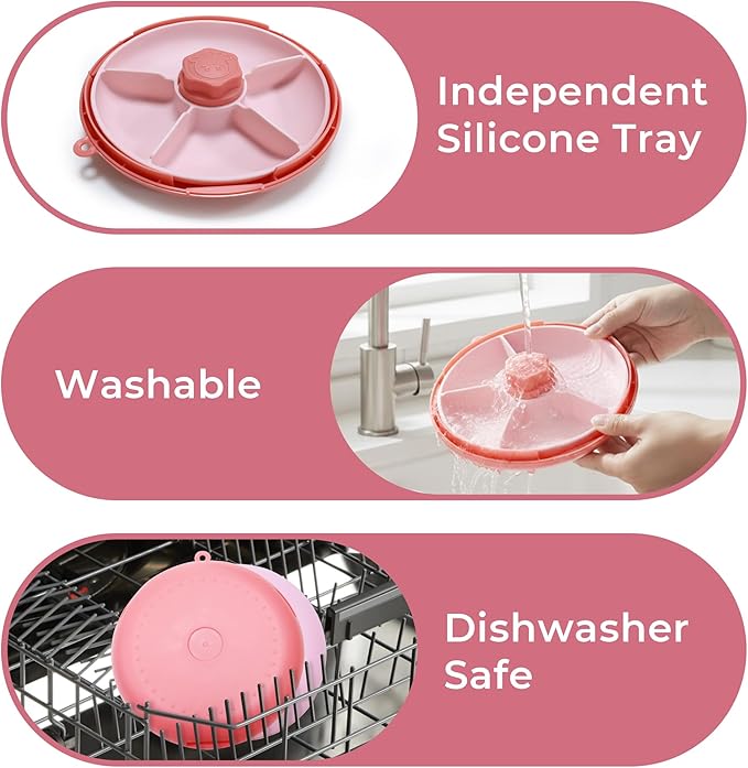 KingKam Kids Snack Spinner Containers, Reusable Toddler Spin Snack Container Box with 4 Compartments & Lid, Travel On-The-Go Snacking, BPA Free | Dishwasher Safe | Strap and Sticker (Pink)