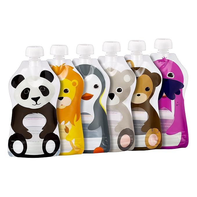 Squooshi Reusable Baby Food Pouches for Toddlers | Design Patented | BPA Free, Food Safe, Freezer Safe | Refillable for Yogurt, Applesauce, Smoothies & Puree Squeeze Pouch | 6 Pack | 5oz | Animals