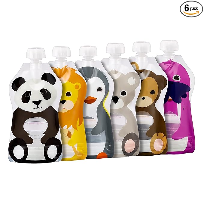 Squooshi Reusable Baby Food Pouches for Toddlers | Design Patented | BPA Free, Food Safe, Freezer Safe | Refillable for Yogurt, Applesauce, Smoothies & Puree Squeeze Pouch | 6 Pack | 5oz | Animals