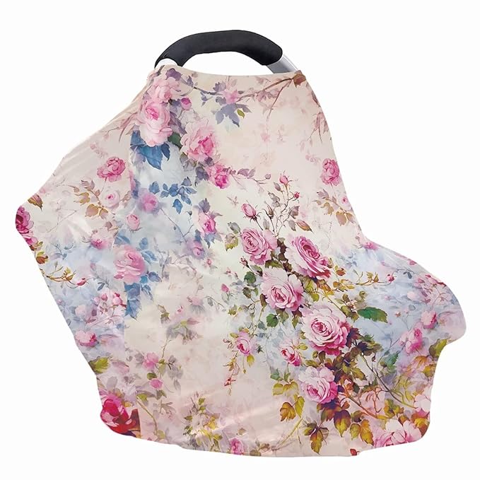 LedBack Pink Roses Stretchy Car Seat Cover for Babies, Breathable Breastfeeding Cover, Soft Lightweight Baby Carseat Canopy