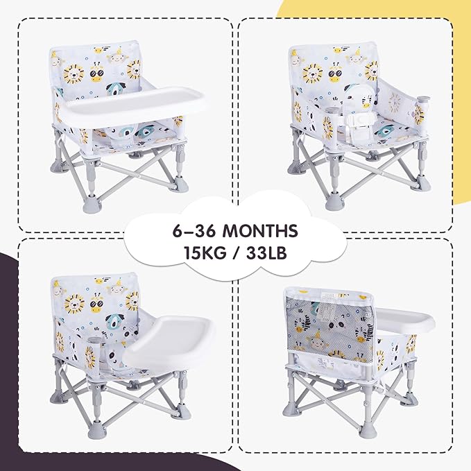 Portable Baby Chair, Folding Booster Seat with Tray for Dining Table Compact Camping Chair for Lawn Beach Travel Babies 6-36 Months