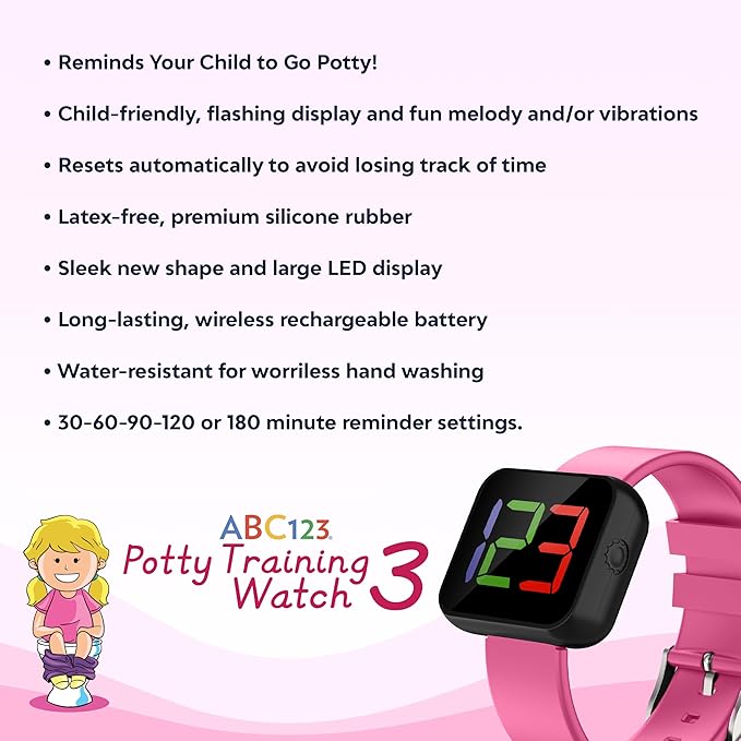 ABC123 Potty Training Watch 3 (2023 Edition) - Baby Reminder Water Resistant Timer for Toilet Training Kids & Toddler with Wireless Charging (Pink)