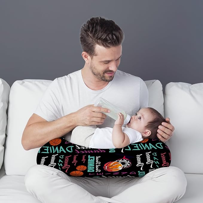 Baby Nursing Pillow Cover - Personalized Name Basketball Theme Breastfeeding U-Shaped for Bottle Feeding, Ultra Soft Comfortable Breastfeeding Pillow Cover for Infant Baby Boys and Girls