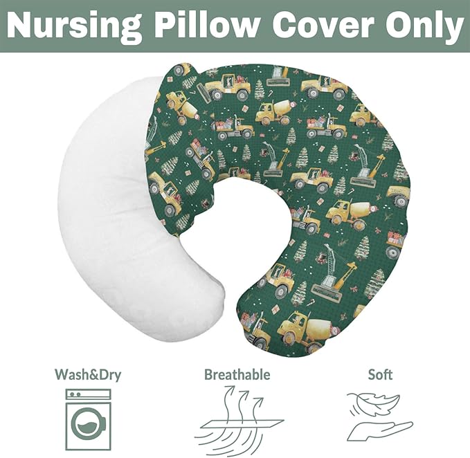 Green Christmas Construction Trucks Baby Nursing Pillow Covers for Boy Girl Dump Truck Excavator Animals Gifts Nursing Pillowcase for Breastfeeding Pillows Winter Holiday Soft Stretchy Slipcovers