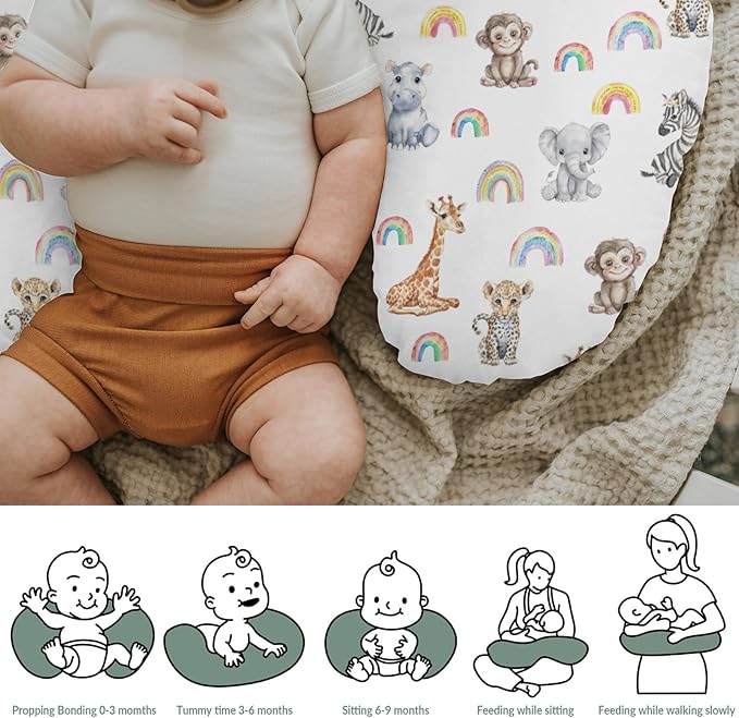 Safari Jungle Animals Rainbow Baby Nursing Pillow Covers for Boy Girl Elephant Leopard Giraffe Hippo Nursery Pillowcase for Breastfeeding Pillows Tropical Safari Soft Stretchy Slipcovers for Newborn