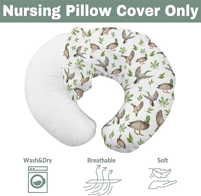 Wild Ducks Green Leaves Baby Nursing Pillow Covers for Boy Girl Green Mallard Ducks Nursing Pillowcase for Breastfeeding Pillows Duck Hunting Animals Soft Stretchy Slipcovers for Newborn Infant