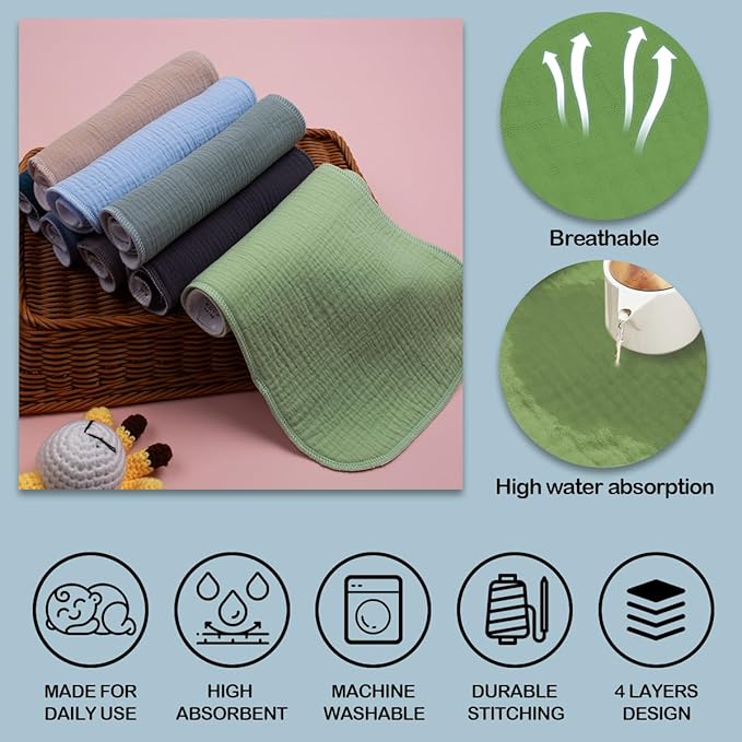 Maiwa 8 Pack Muslin Burp Cloths Baby Boy & Girl Soft Absorbent Burping Cloths for Babies, Newborn Spit Up Rags, Infant Towels, Unisex,Large 18.5" x 8.6" (Multicolour 02)