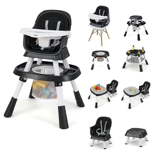 INFANS 9 in 1 High Chair, Convertible Baby Highchair for Babies and Toddlers, Table and Chair Set Building Block Infant Dining Booster Seat, Kids Stool with Activity Children Play Kitchen (Black)