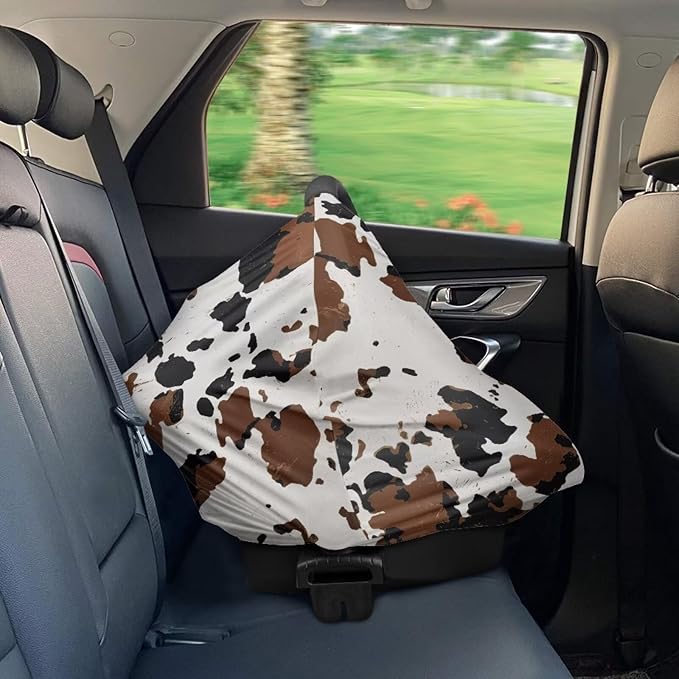 LedBack Brown Cow Print Stretchy Car Seat Cover for Babies, Breathable Breastfeeding Cover, Soft Lightweight Baby Carseat Canopy