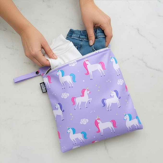 Wildkin Wet Bag Set for Boys, & Girls – Durable Zipper with Snap Loop Handle, Reusable Water-Resistant Bags for Beach, Pool, Travel & Gym - Unicorn