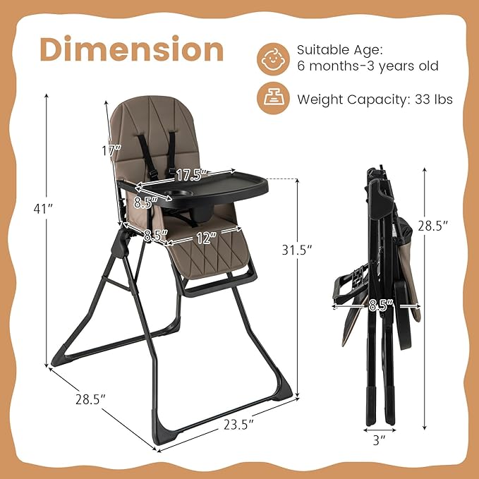 HONEY JOY High Chair, Foldable Baby Feeding Chair, Adjustable Tray & Footrest, Removable Easy-to-Clean PU Seat Cushion, 5-Point Harness, Cup Holder, Highchairs for Babies and Toddlers (Coffee)