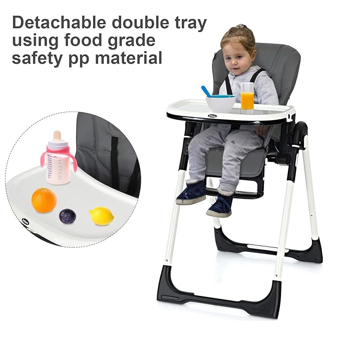 INFANS High Chair for Babies & Toddlers, Foldable Highchair with Multiple Adjustable Backrest, Footrest and Seat Height, Removable Tray, Detachable PU Leather Cushion, Built-in Rear Wheels (Dark Grey)