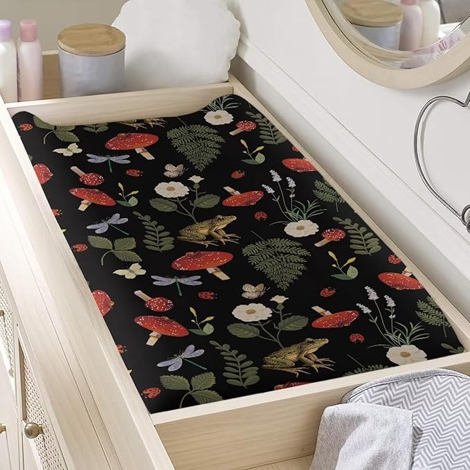 Mushroom Frog Changing Pad Cover for Baby Girls Comfort Diaper Change Table Pad Covers Soft Breathable Changing Pad Sheets Cover