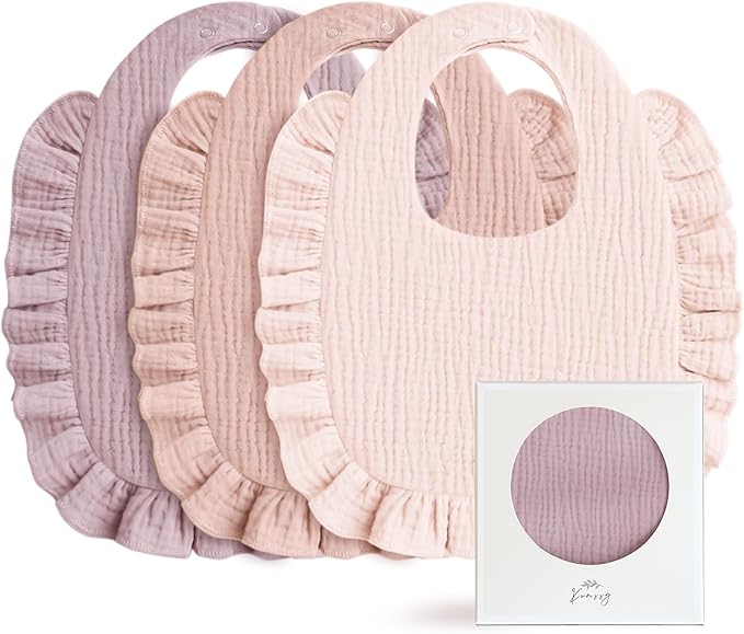 Konssy Muslin Baby Bibs for Girls – Soft 100% Cotton Drool Bibs, Ruffle Trim for Newborns & Toddlers 0-36 Months 3-Pack