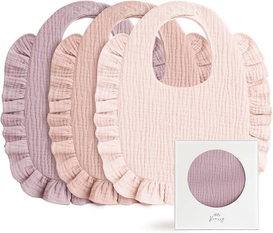 Konssy Muslin Baby Bibs for Girls – Soft 100% Cotton Drool Bibs, Ruffle Trim for Newborns & Toddlers 0-36 Months 3-Pack