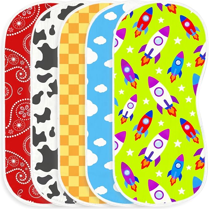 5 Pack Baby Burp Cloths, Soft Muslin Cotton Toy Story Inspired Theme Burp Cloths, Super Absorbent Rocket & Cow Print Washcloths, Newborn Baby Boy Girl Essentials Gift Set