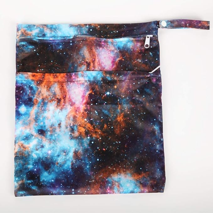Wet Dry Bag For Baby Cloth Diaper Nappy Reusable Washable With Two Zippered Pockets (Outer Space)
