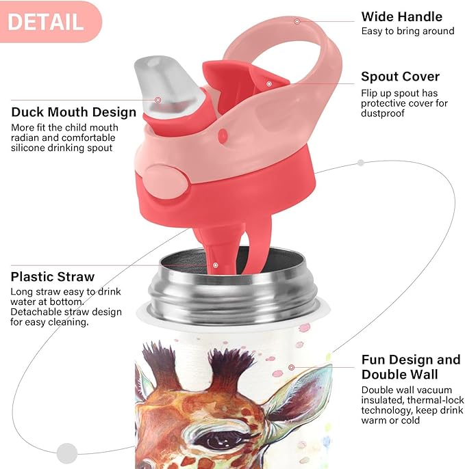 Giraffe Kids Water Bottle with Straw and Carry Handle Cute Animals Vacuum Insulated Stainless Steel Bottles Leak-Proof for Boys Girls Toddler 12 oz Pink Lid