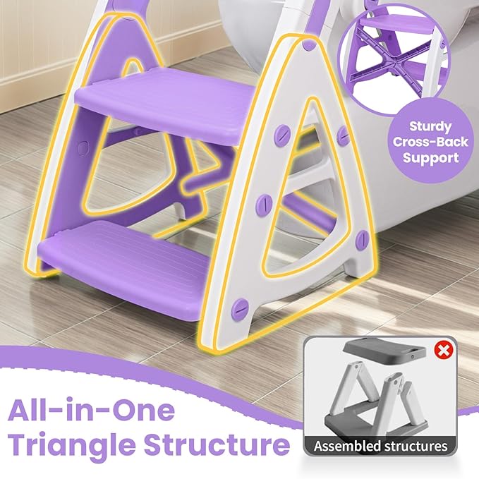 Potty Training Seat, Primlect Upgrade Ultra-Stable Toddler Toilet Seat for Kids Boys Girls, 2 in 1 Potty Training Toilet with Step Stool, Adjustable Seat and Ladder, Non-Slip Pad, Splash Guard(Purple