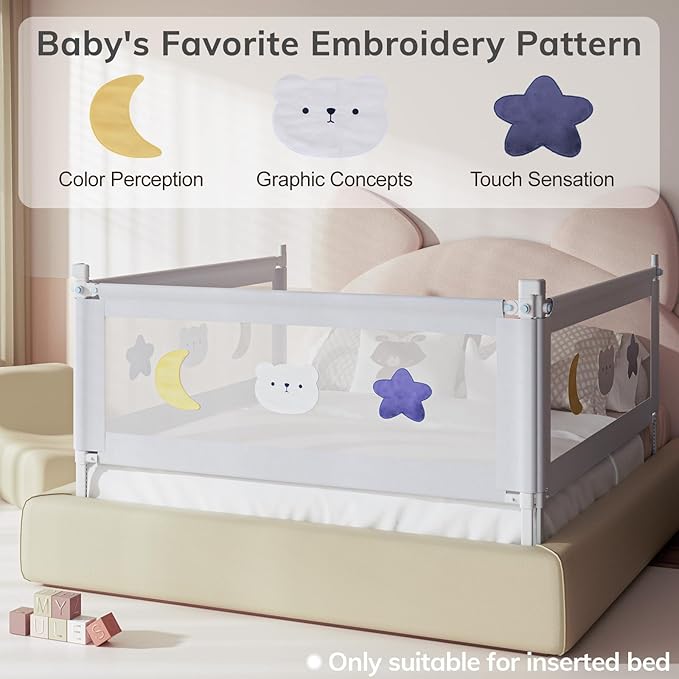 omzer Bed Rail for Toddlers - Toddler Bed Rails with Double Child Lock - Bed Rail for Baby Kids with Pattern - Height Adjustment Guard Rails for Full Size Bed - 1 Pack, 54”