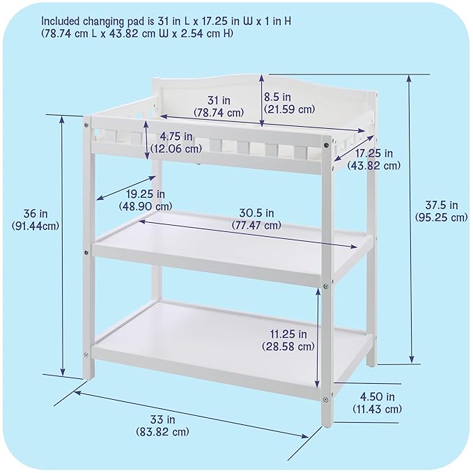 Badger Basket Baby Changing Table with Pad & Shelves - Wooden Changing Table with Storage - Nursery Change Table for Diapers & Baby Essentials, White