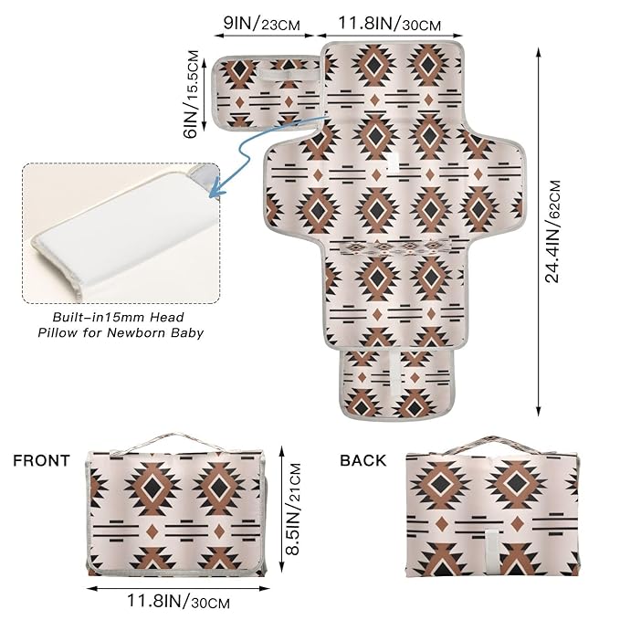 Western Aztec Geometric Baby Changing Pad - Waterproof Diaper Changing Pad with Built-in Pillow - Portable Travel Changing Mat for Newborn Girl & Boy
