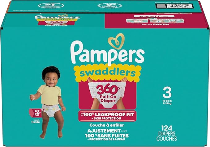 Pampers Diapers - Swaddlers 360° - Size 3, 124 Count, up to 100% Leakproof Comfy Dry Fit, Designed for Easy Changes, Pull On Baby Diaper (Packaging May Vary)
