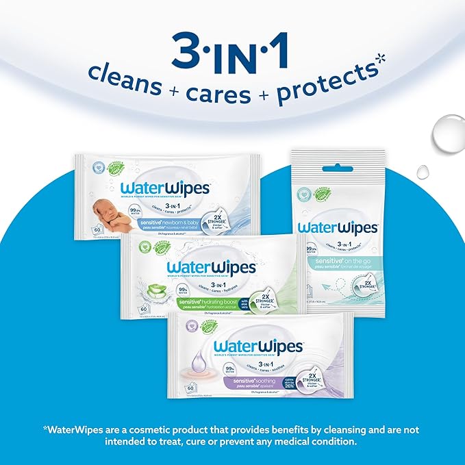 WaterWipes Plastic-Free Soothing Clean 99% Water Based Botanical Baby Wipes, Unscented & Hypoallergenic for Sensitive Skin, 12 Resealable Packs (720 Wipes)
