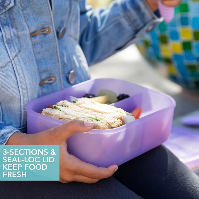 Bumkins - Silicone Bento Box & Reusable Snack Bag Set - 3 Sections & Leak-Proof Lid - Food Safe - 2 Zip Bags - Washable, Microwave, Freezer & Dishwasher Safe - 3 pack - Blue